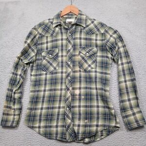 Wrangler Shirt Mens Medium Green Blue Plaid Western Pearl Snap Long Sleeve